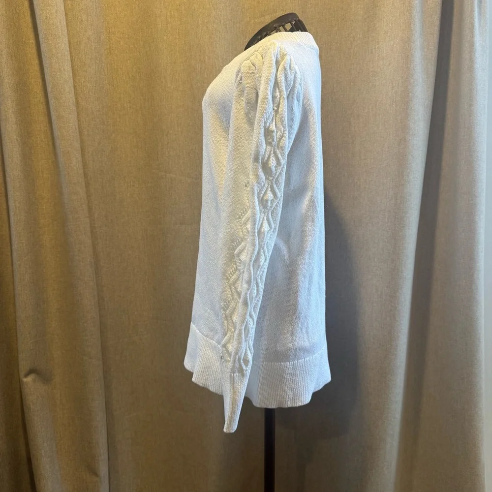 Talbots - White 100% Cotton - Puff Sleeve - Cable Knit Sweater - Large - Picture 4 of 10